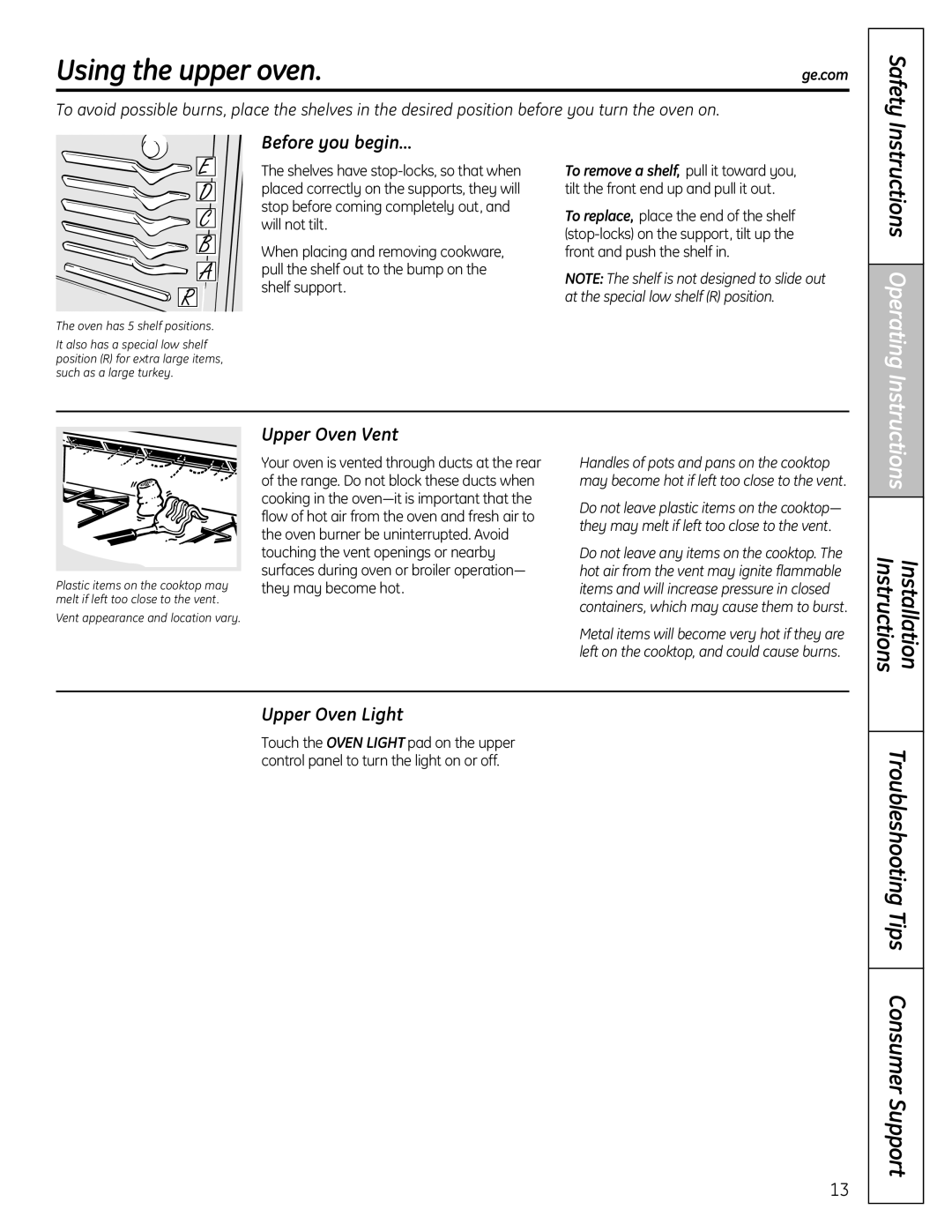 GE P2B918 Using the upper oven, Instructions Operating, Before you begin…, Upper Oven Vent, Upper Oven Light 