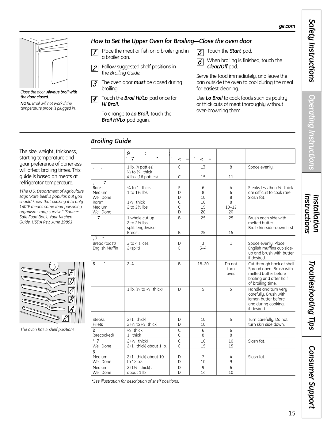 GE P2B918 Broiling Guide, Touch the Broil Hi/Lo pad once for, Hi Broil, To change to Lo Broil, touch 