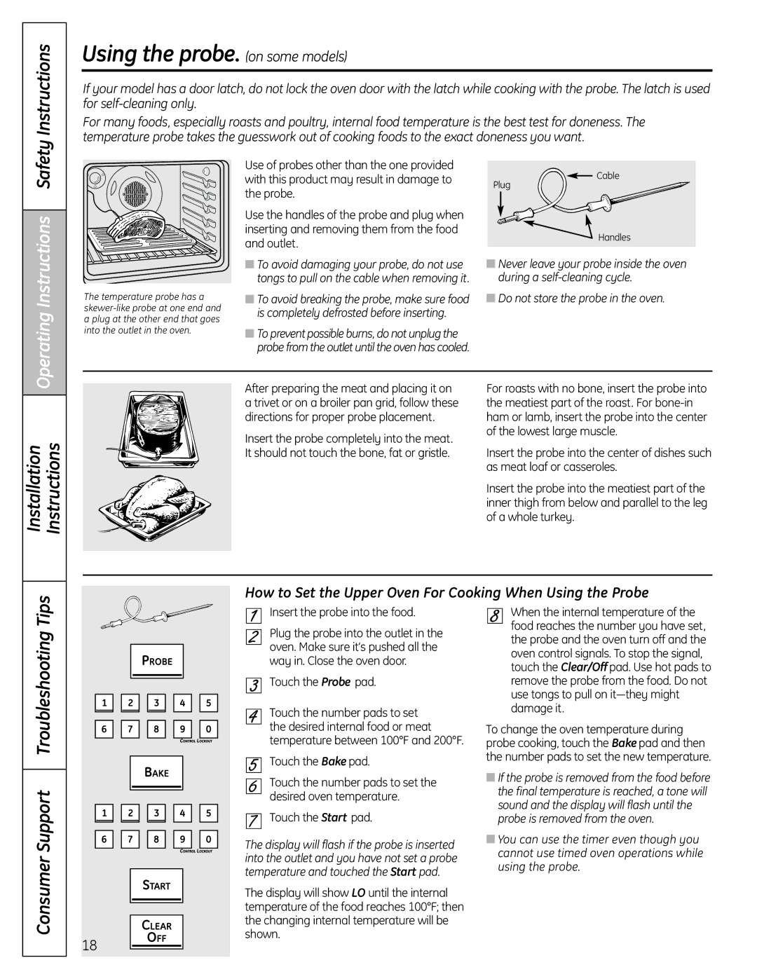 GE P2B918 Using the probe. on some models, How to Set the Upper Oven For Cooking When Using the Probe, Touch the Probe pad 