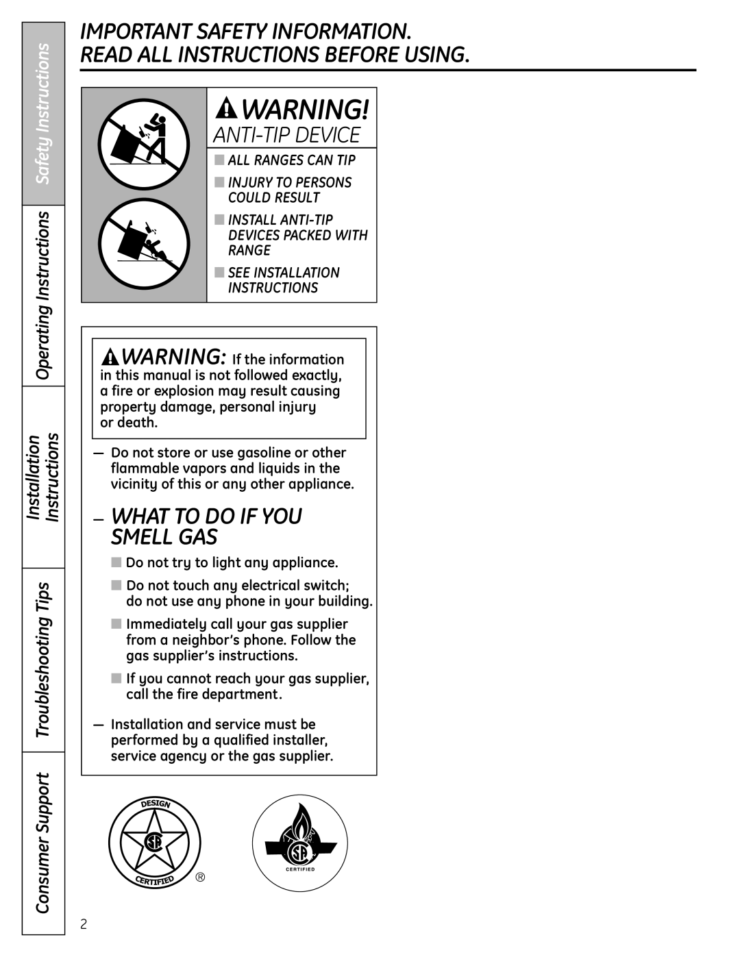 GE P2B918 installation instructions ANTI-TIP Device, Operating Instructions Safety Instructions Installation 