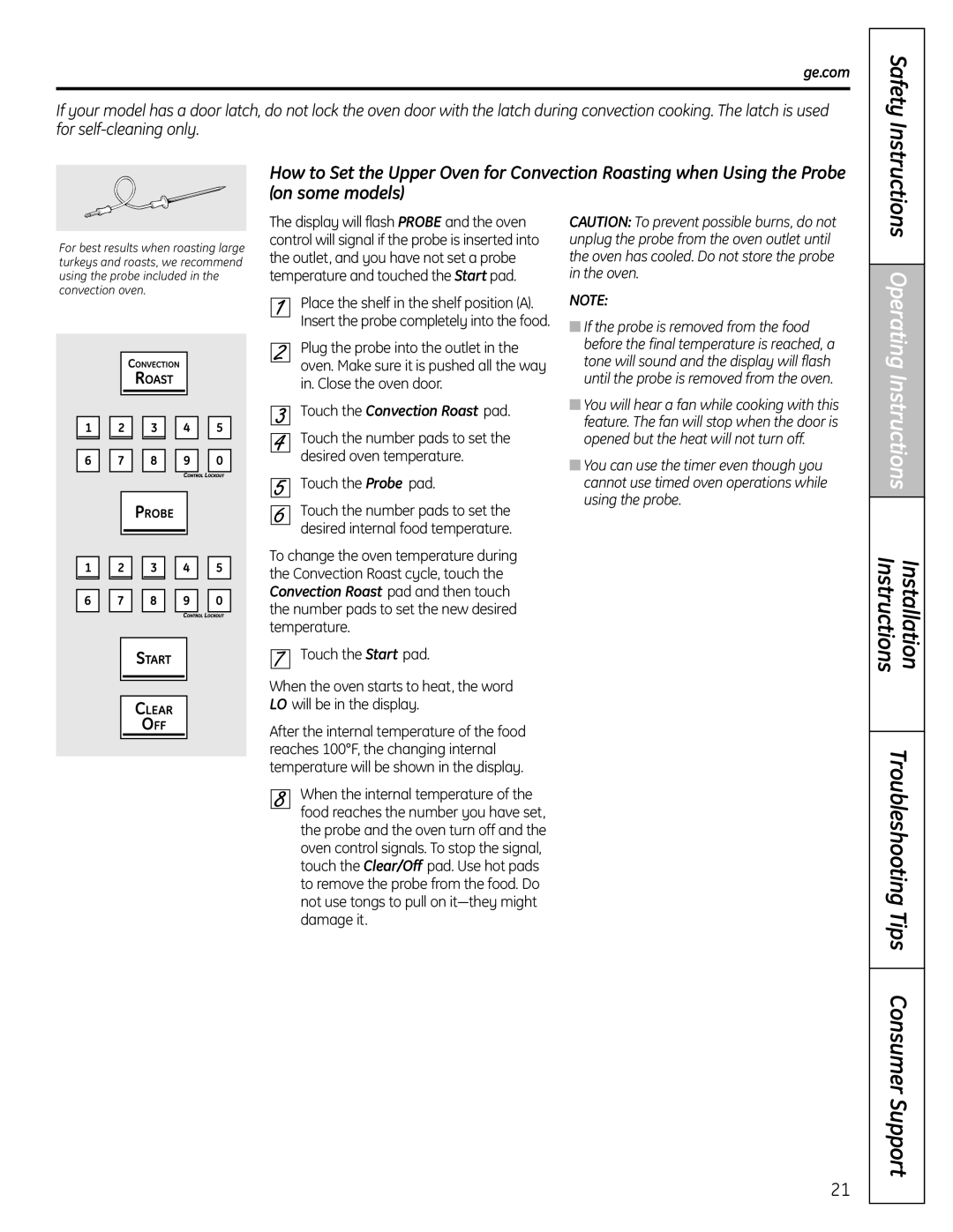 GE P2B918 installation instructions Safety Instructions, Touch the Convection Roast pad 