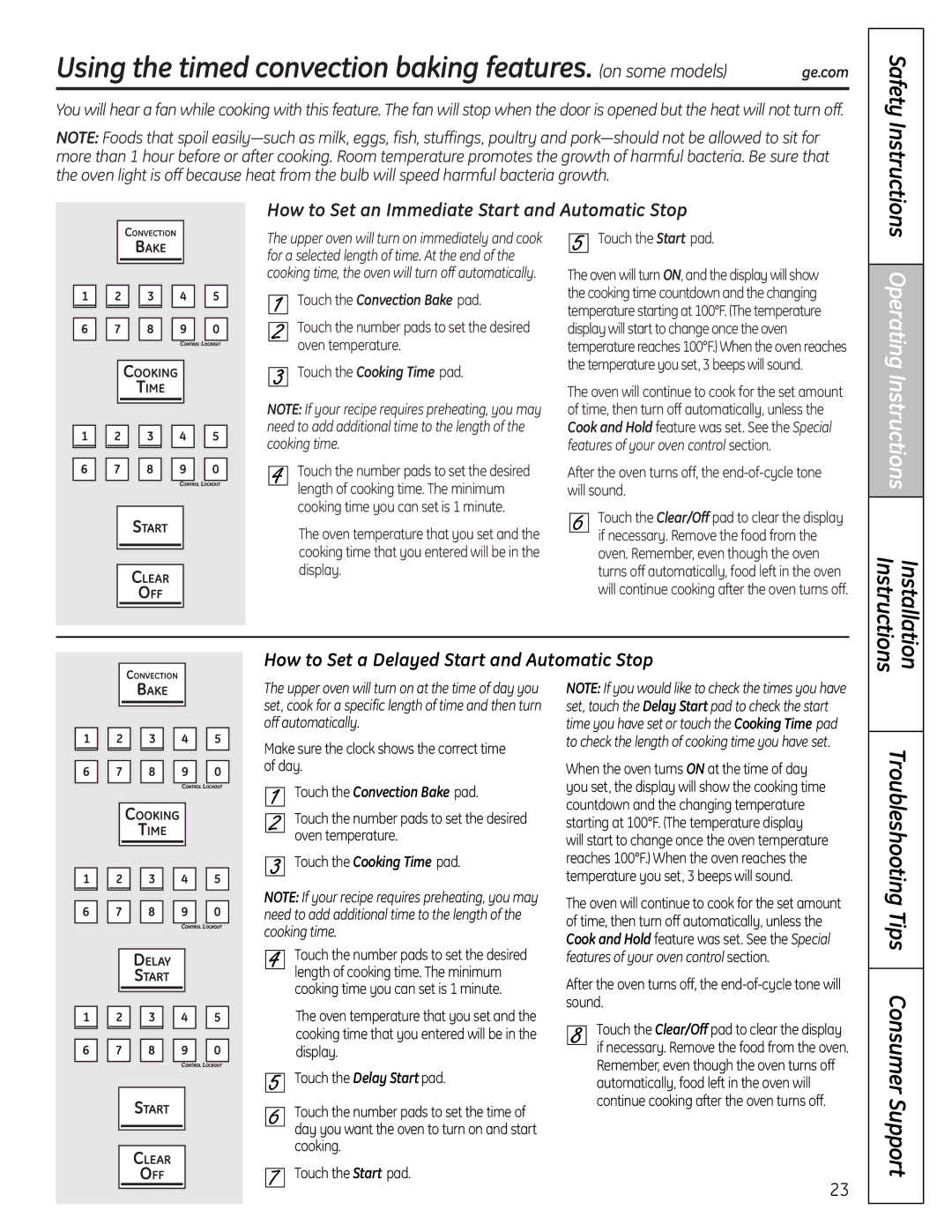 GE P2B918 installation instructions Touch the Convection Bake pad, Make sure the clock shows the correct time of day 