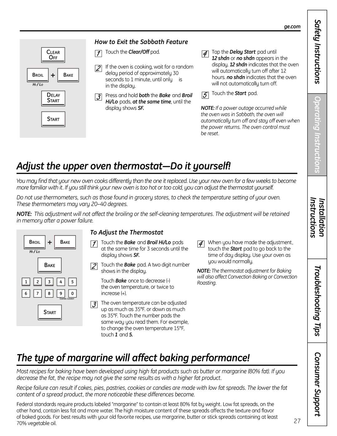 GE P2B918 Adjust the upper oven thermostat-Do it yourself, Type of margarine will affect baking performance 