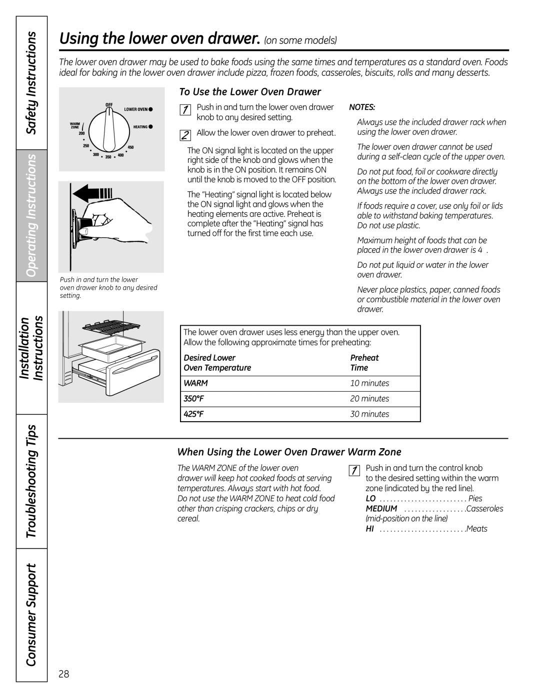 GE P2B918 Using the lower oven drawer. on some models, Operating Instructions Safety, To Use the Lower Oven Drawer 