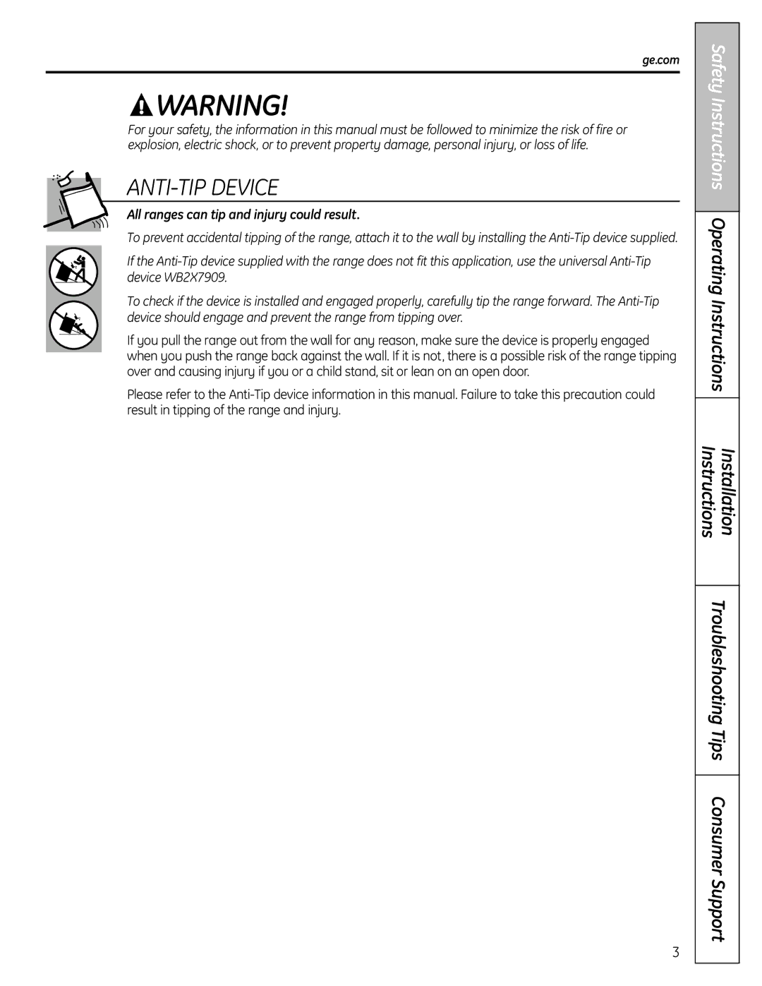 GE P2B918 Troubleshooting Tips Consumer Support, All ranges can tip and injury could result, Ge.com 