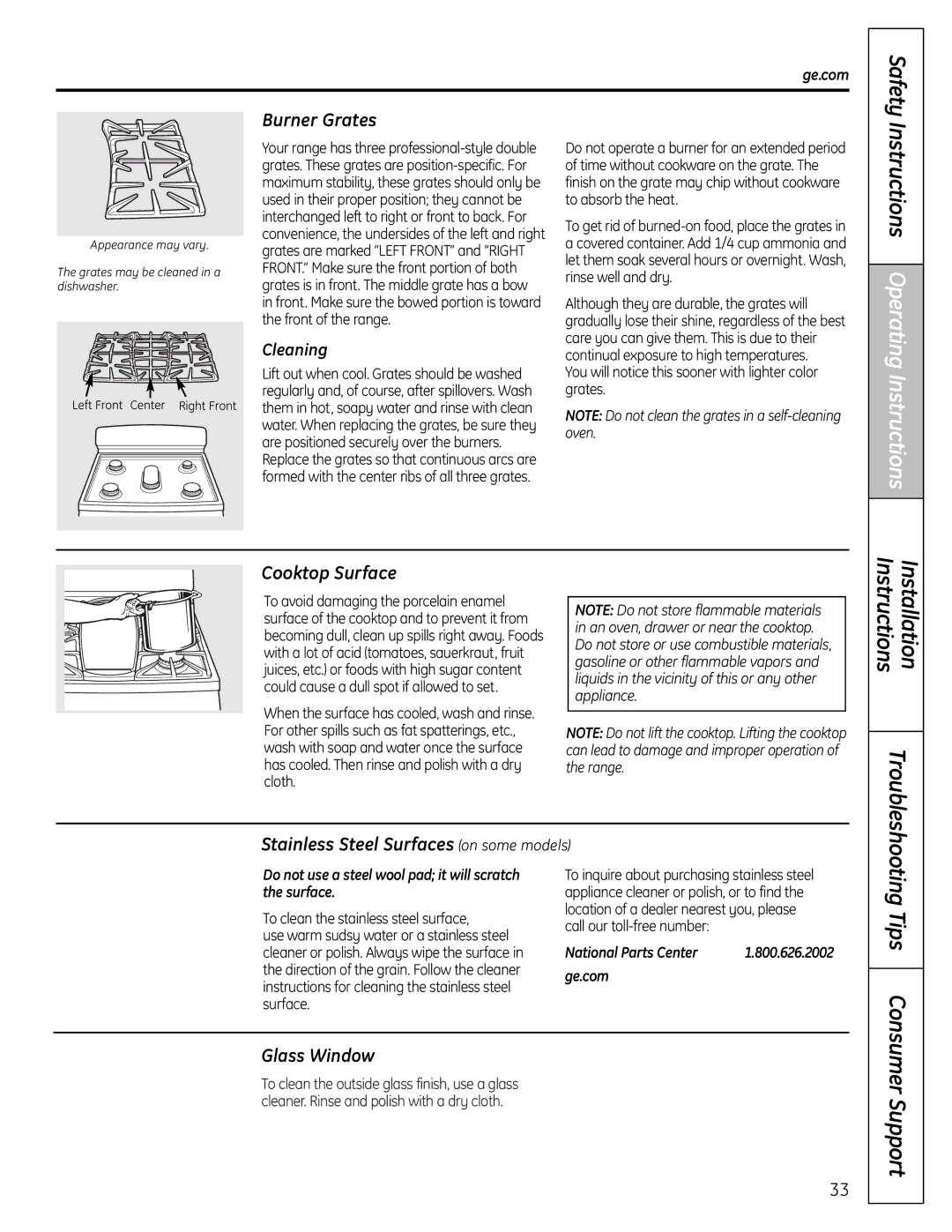 GE P2B918 installation instructions Burner Grates, Cooktop Surface, Glass Window, Cleaning, National Parts Center 