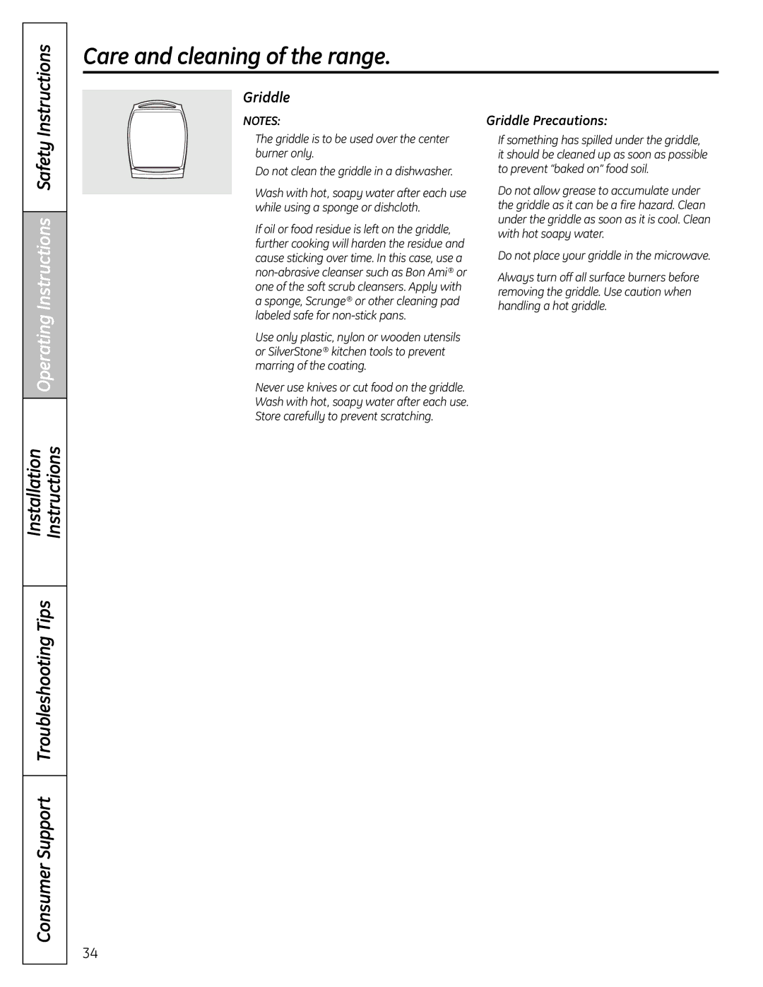 GE P2B918 installation instructions Griddle Precautions 