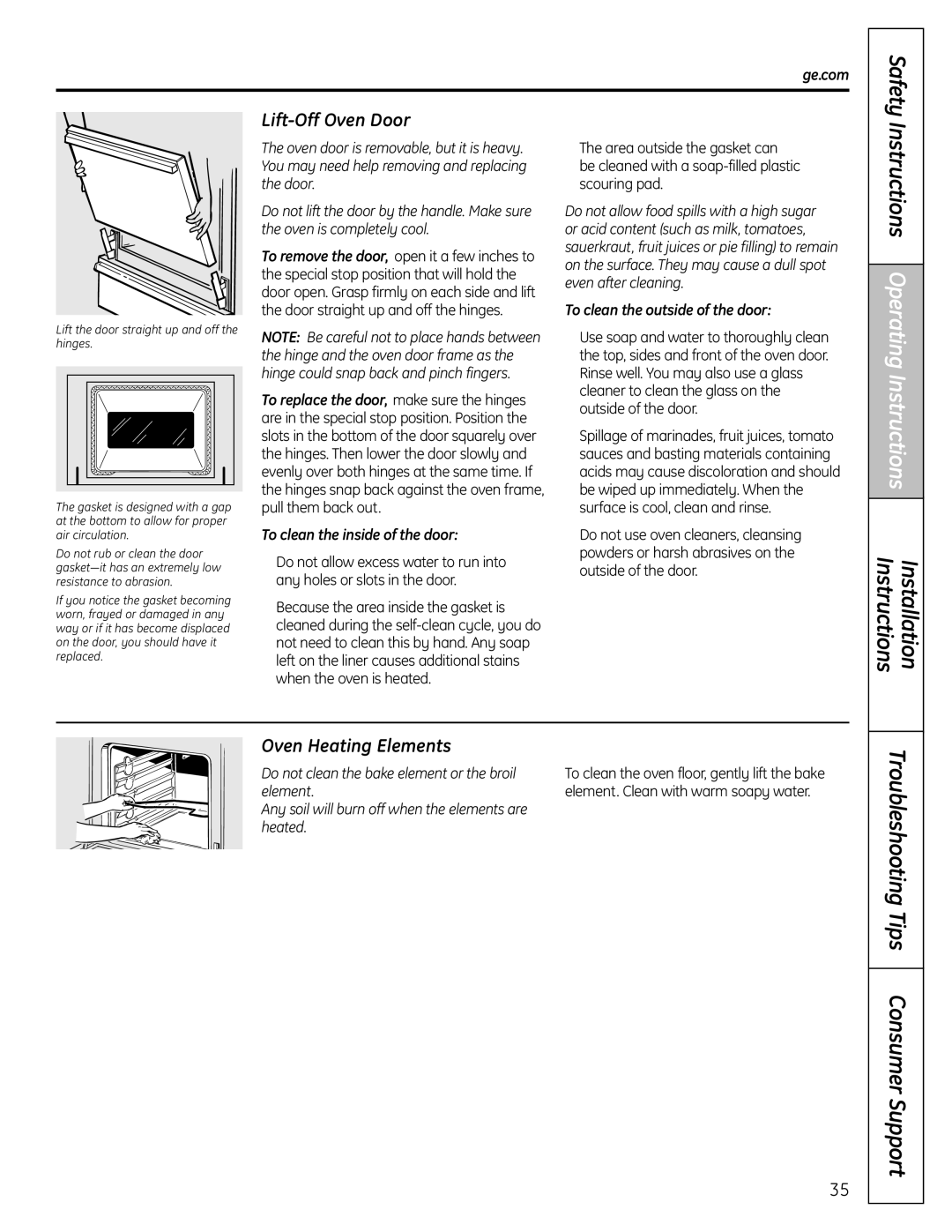 GE P2B918 Lift-Off Oven Door, Oven Heating Elements, To clean the inside of the door, To clean the outside of the door 