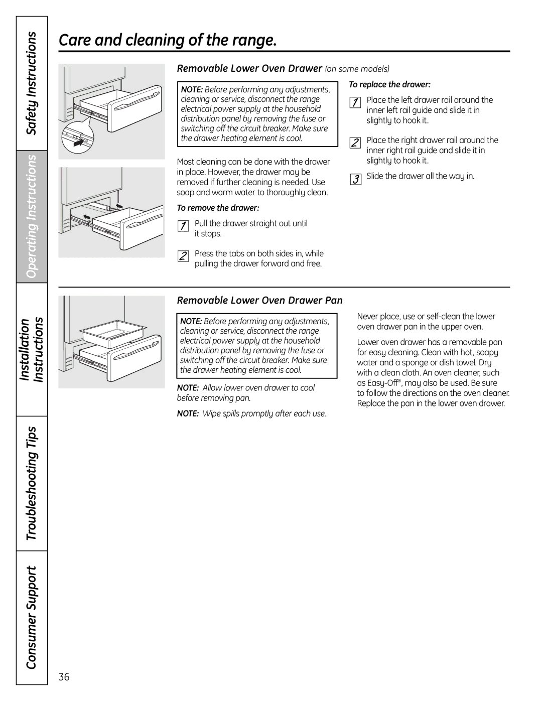 GE P2B918 installation instructions Removable Lower Oven Drawer on some models, Removable Lower Oven Drawer Pan 