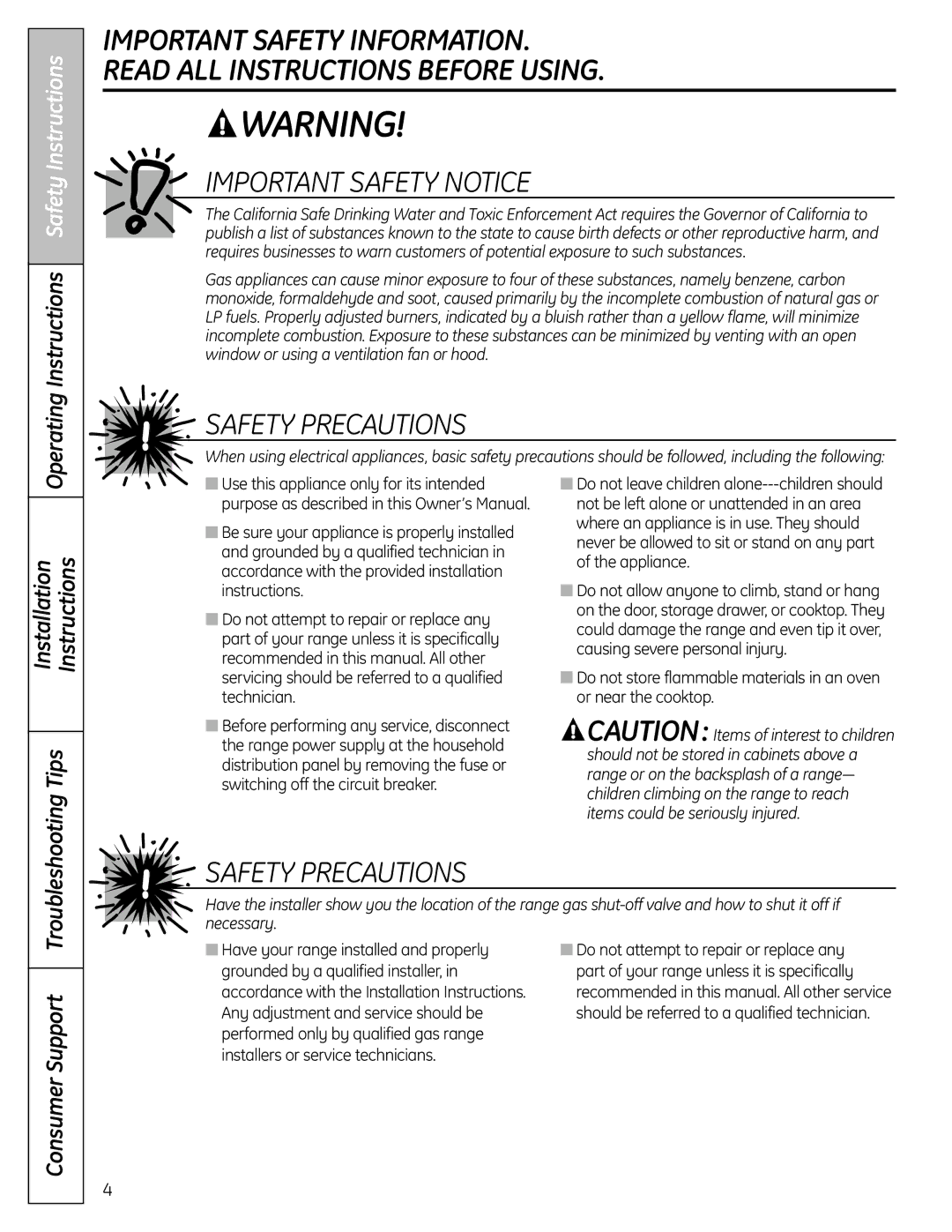 GE P2B918 Operating Instructions Safety Instructions, Installation Instructions Tips, Consumer Support 