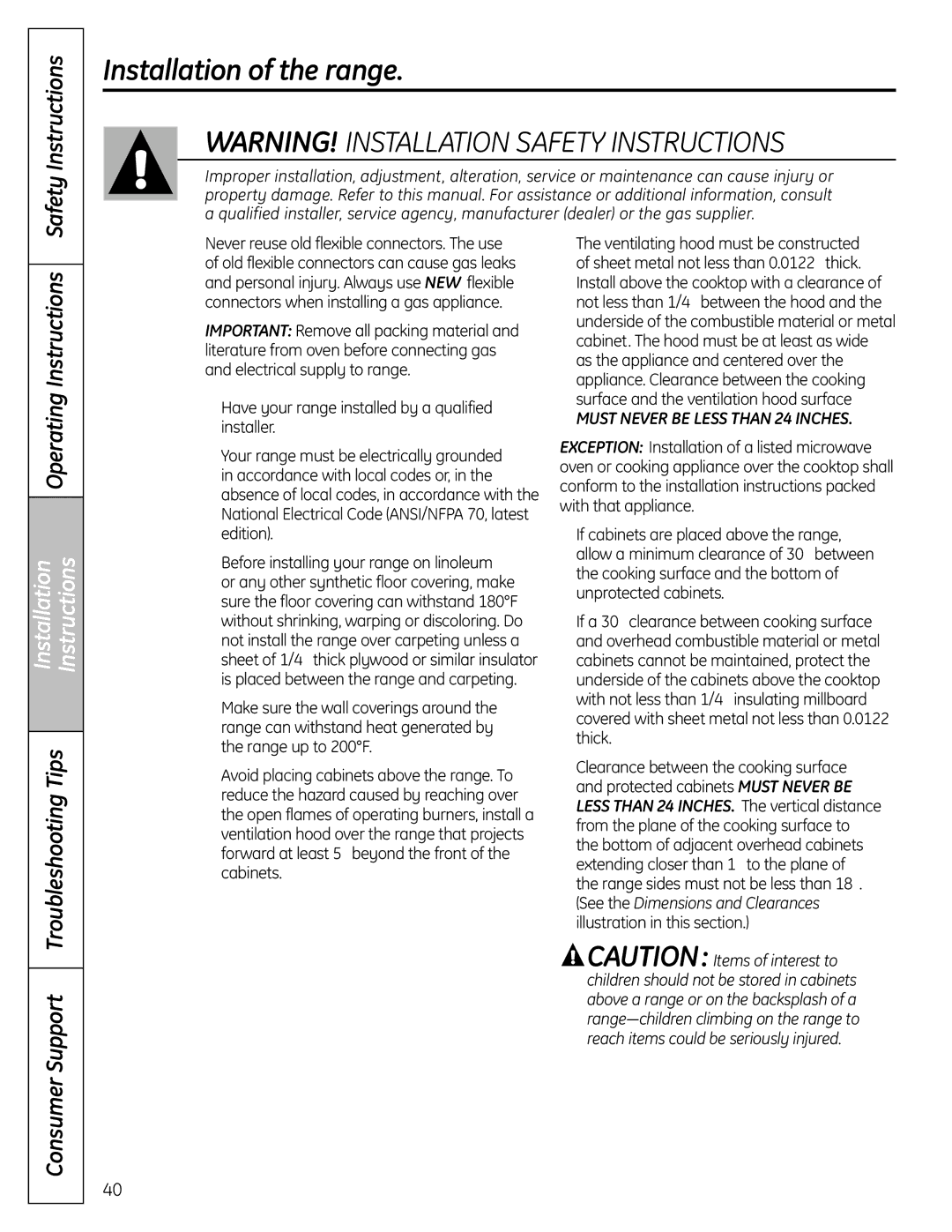 GE P2B918 installation instructions Operating Instructions, Installation Instructions 