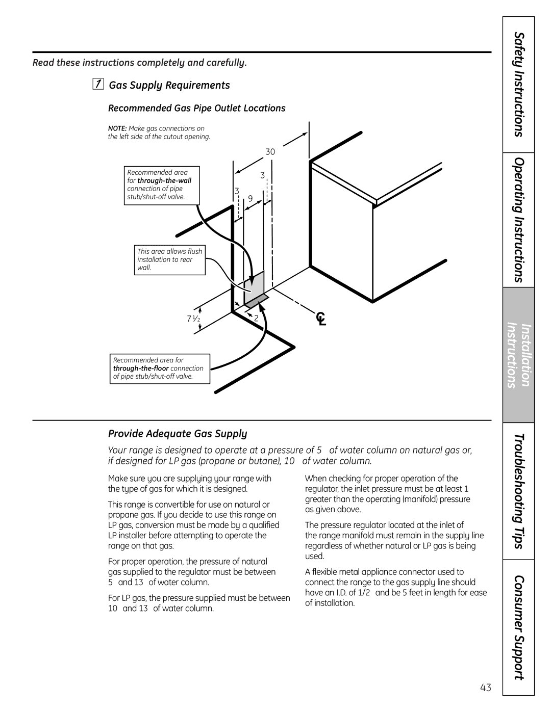 GE P2B918 Gas Supply Requirements, Provide Adequate Gas Supply, Recommended Gas Pipe Outlet Locations 