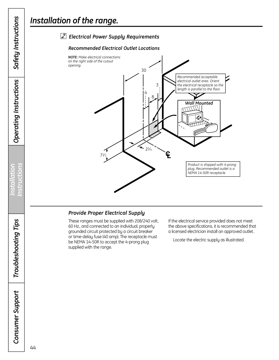 GE P2B918 Electrical Power Supply Requirements, Provide Proper Electrical Supply, Recommended Electrical Outlet Locations 