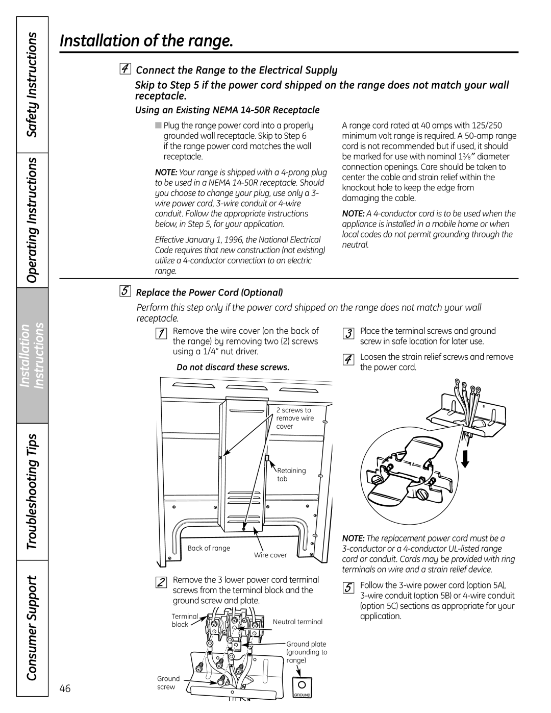 GE P2B918 Using an Existing Nema 14-50R Receptacle, Replace the Power Cord Optional, Do not discard these screws 