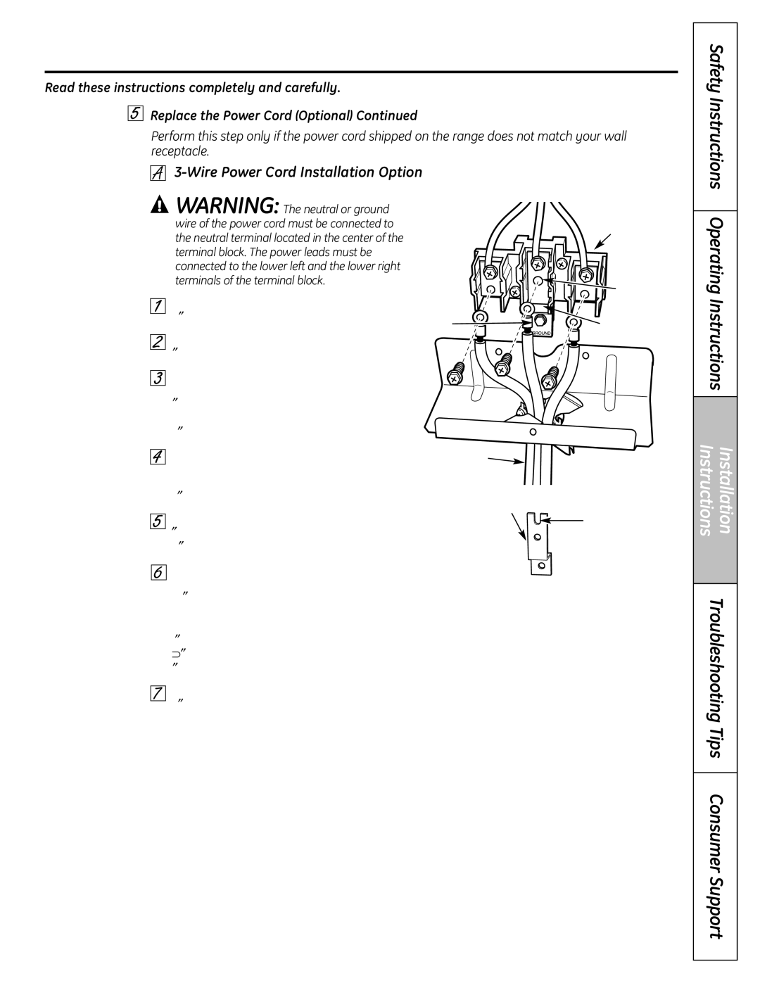 GE P2B918 installation instructions Wire Power Cord Installation Option, Insert the new power cord through the strain 