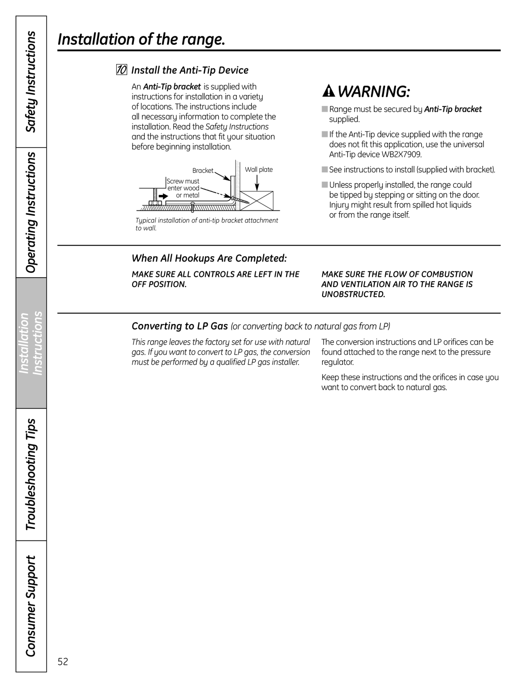 GE P2B918 Install the Anti-Tip Device, When All Hookups Are Completed, Want to convert back to natural gas 