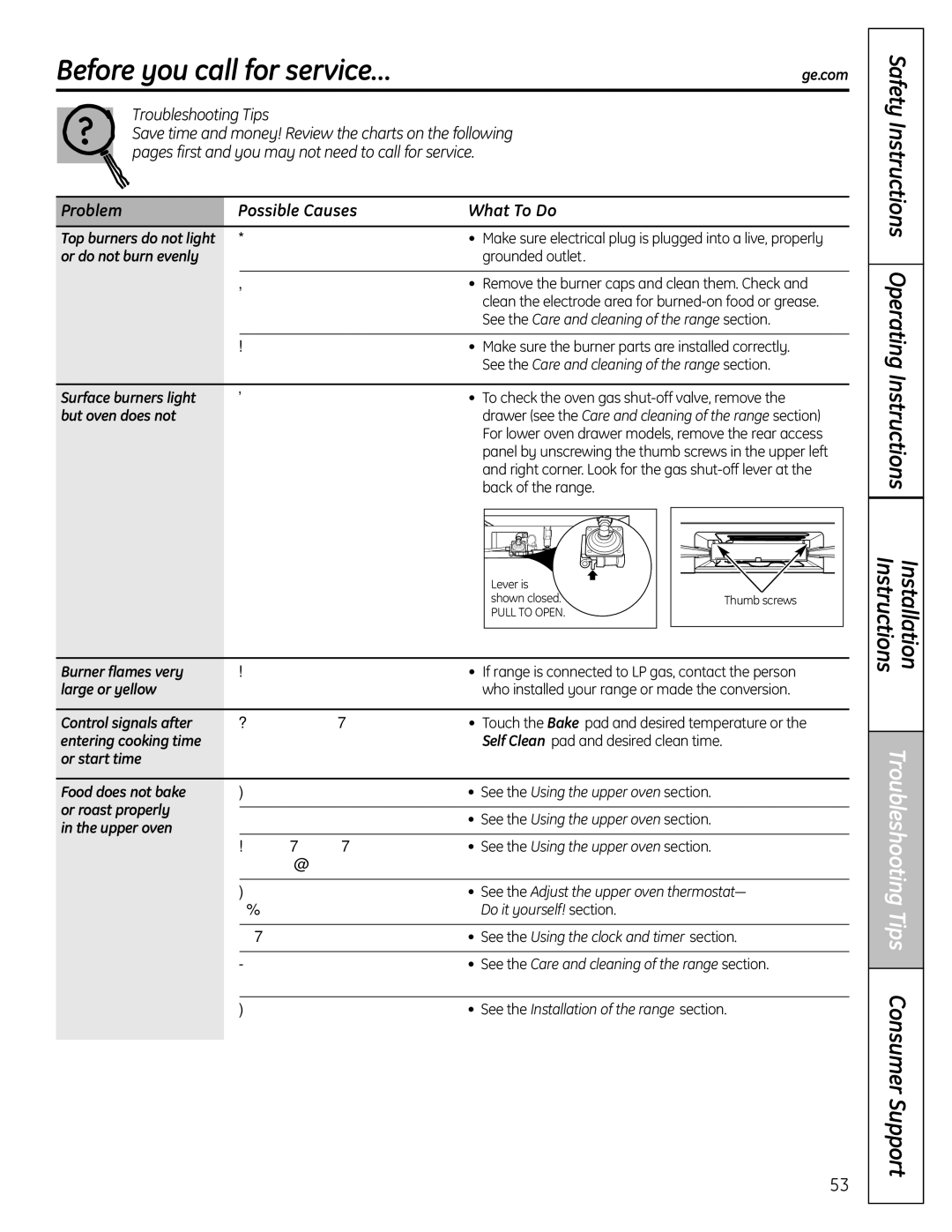 GE P2B918 Before you call for service…, Safety Instructions Operating, Troubleshooting Tips Consumer Support 