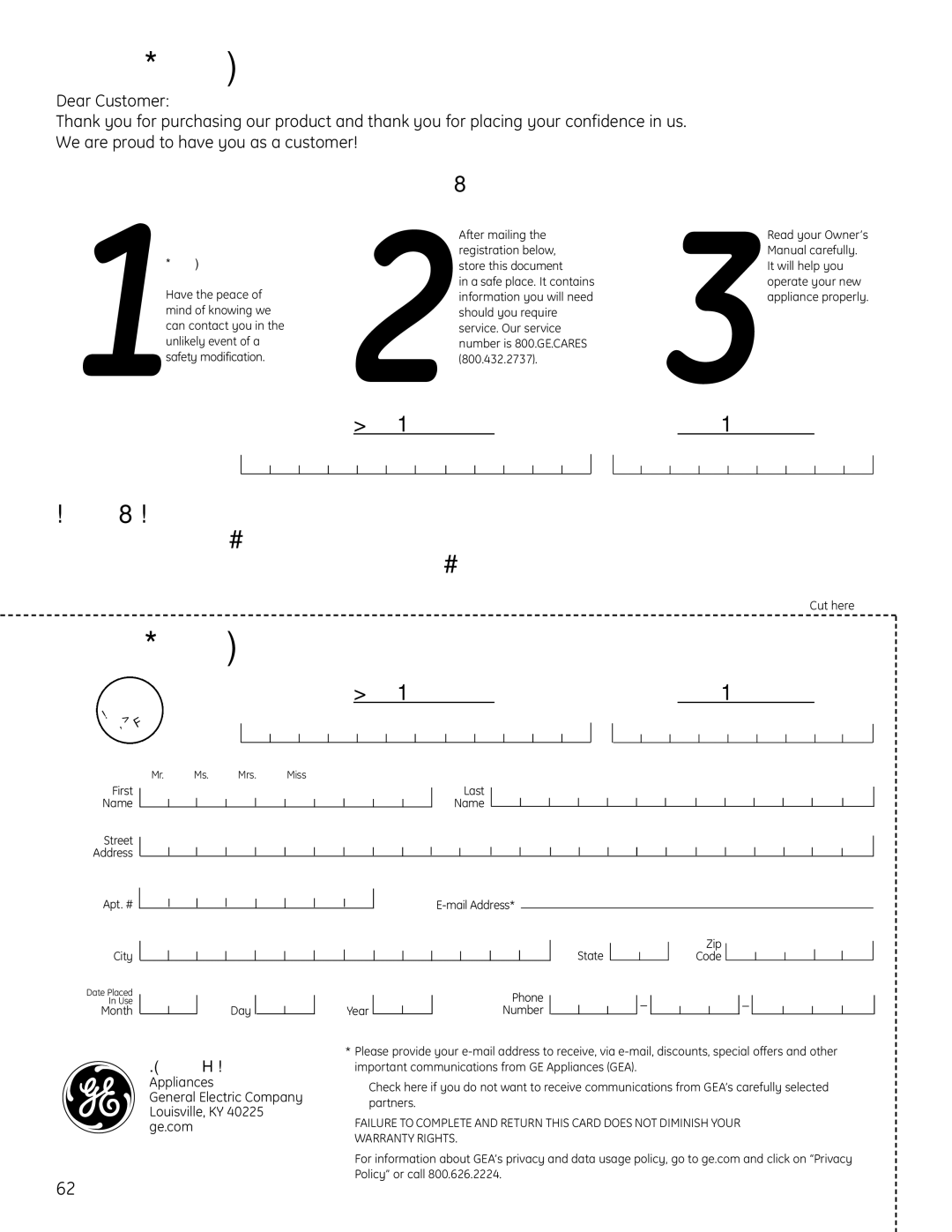 GE P2B918 installation instructions Consumer Product Ownership Registration 