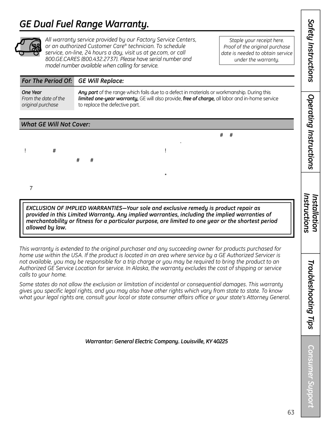 GE P2B918 installation instructions GE Dual Fuel Range Warranty, GE Will Replace, What GE Will Not Cover, One Year 