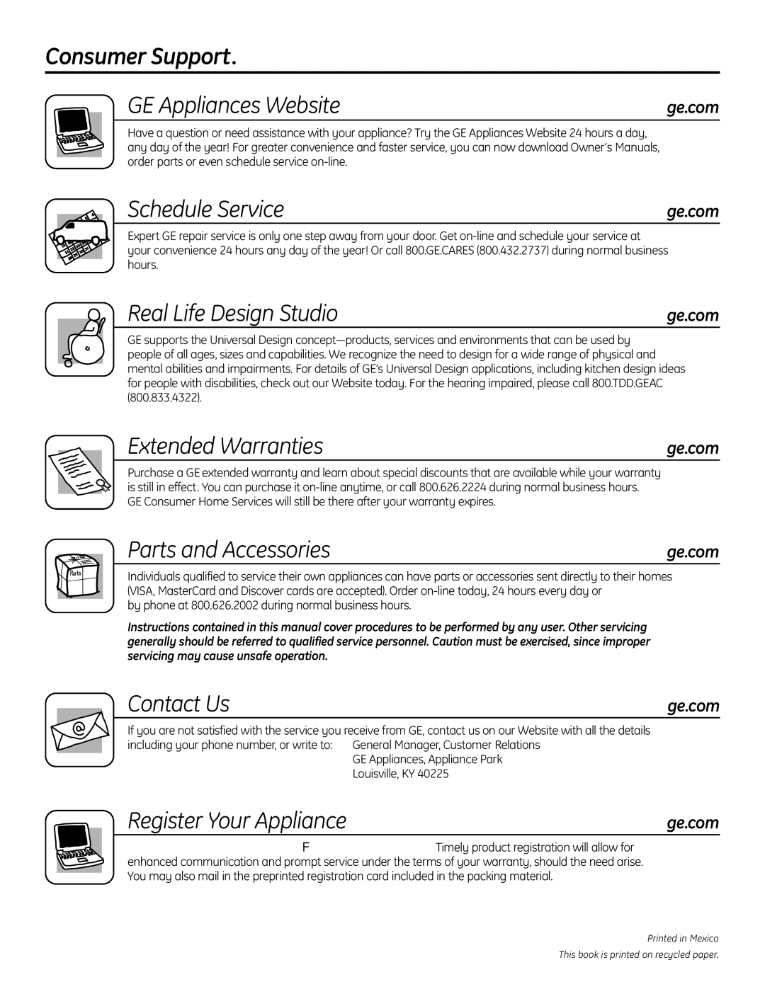 GE P2B918 Consumer Support GE Appliances Website, Schedule Service, Real Life Design Studio, Extended Warranties 