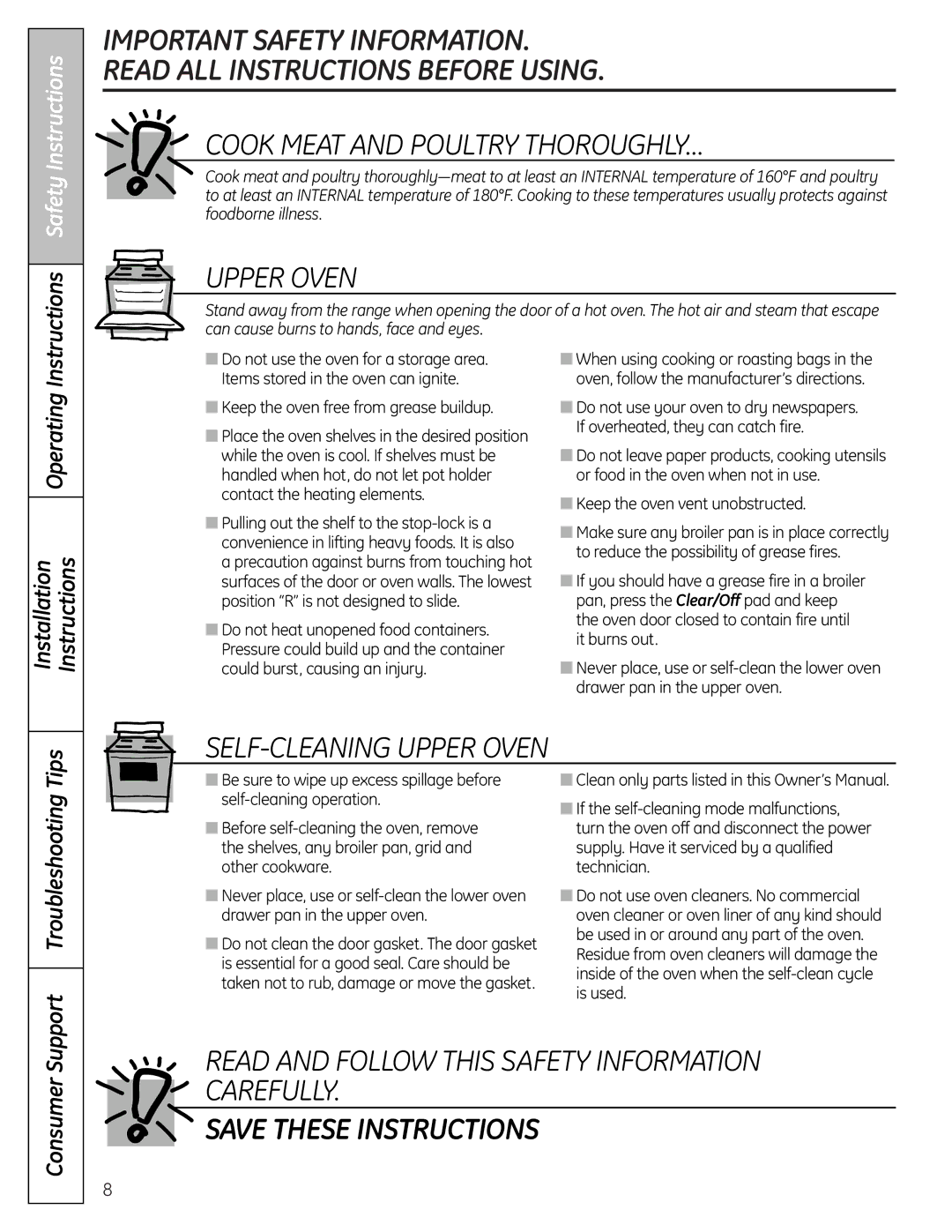 GE P2B918 Instructions Safety Instructions, Operating Installation Instructions, Support Troubleshooting, Consumer 