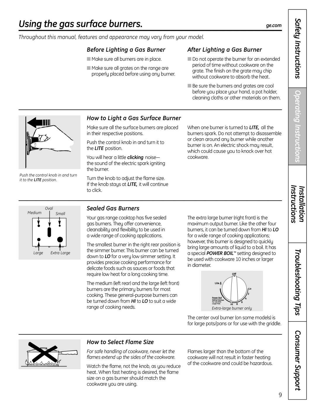 GE P2B918 installation instructions Using the gas surface burners, Safety, Instructions, Troubleshooting Tips 