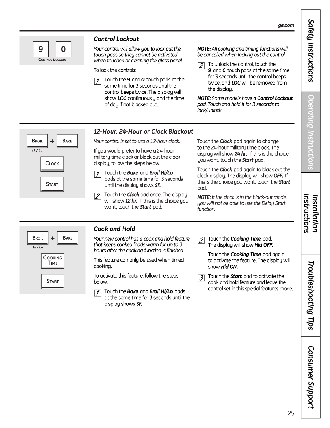 GE P2B918 Instructions Operating, Control Lockout, Cook and Hold, Hour, 24-Hour or Clock Blackout, Safety, ge.com 
