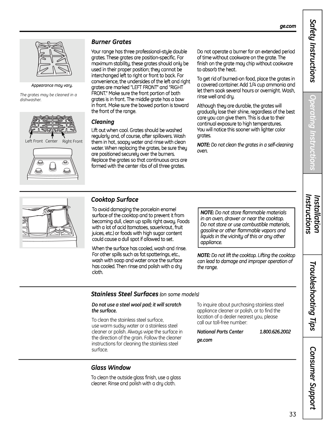 GE P2B918 Safety, Burner Grates, Cooktop Surface, Glass Window, Cleaning, Instructions Operating Instructions, ge.com 