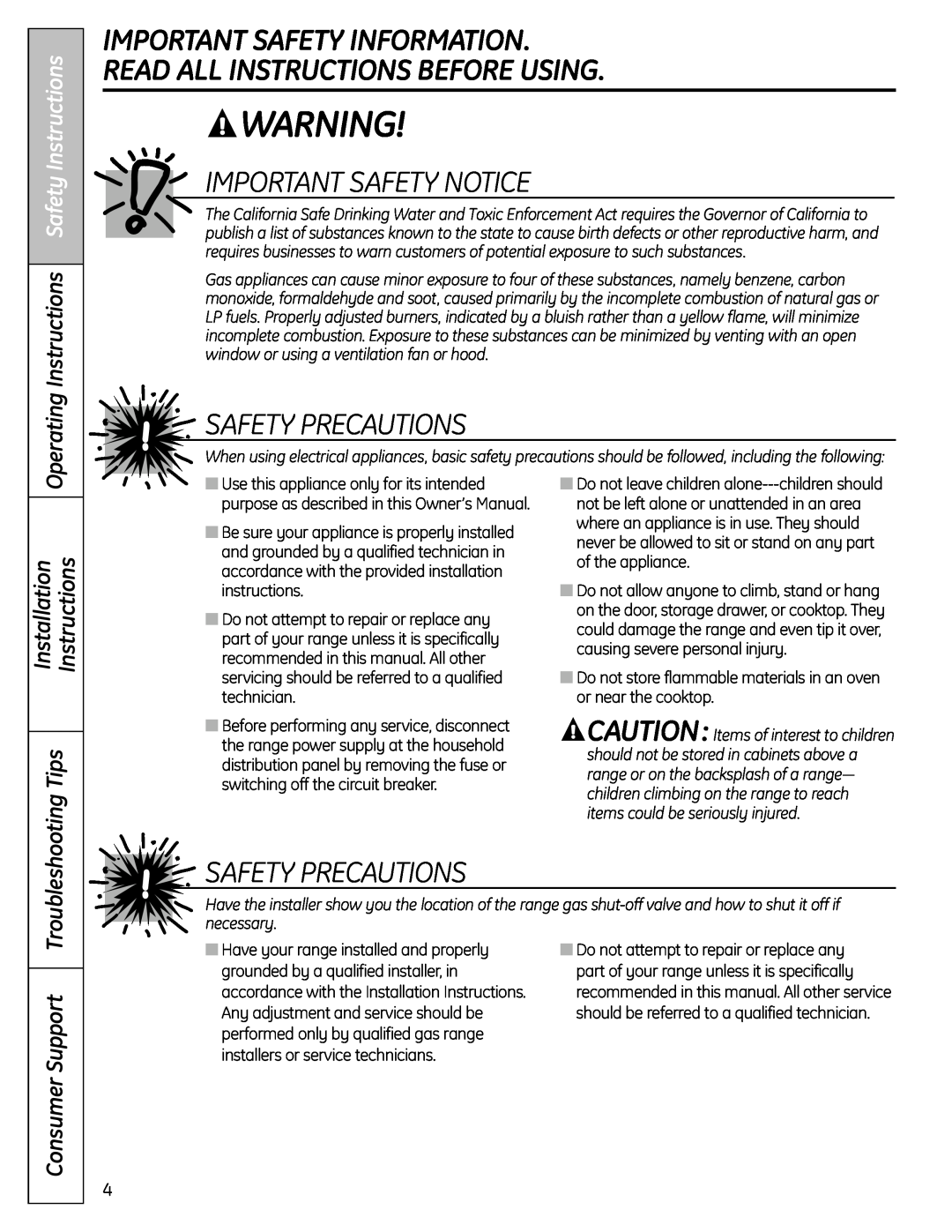GE P2B918 Important Safety Information Read All Instructions Before Using, Important Safety Notice, Safety Precautions 