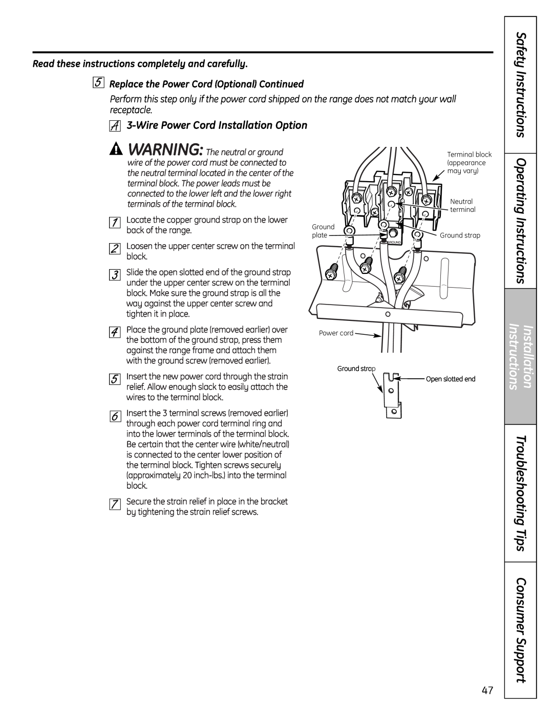 GE P2B918 Wire Power Cord Installation Option, Replace the Power Cord Optional Continued, Operating Instructions 