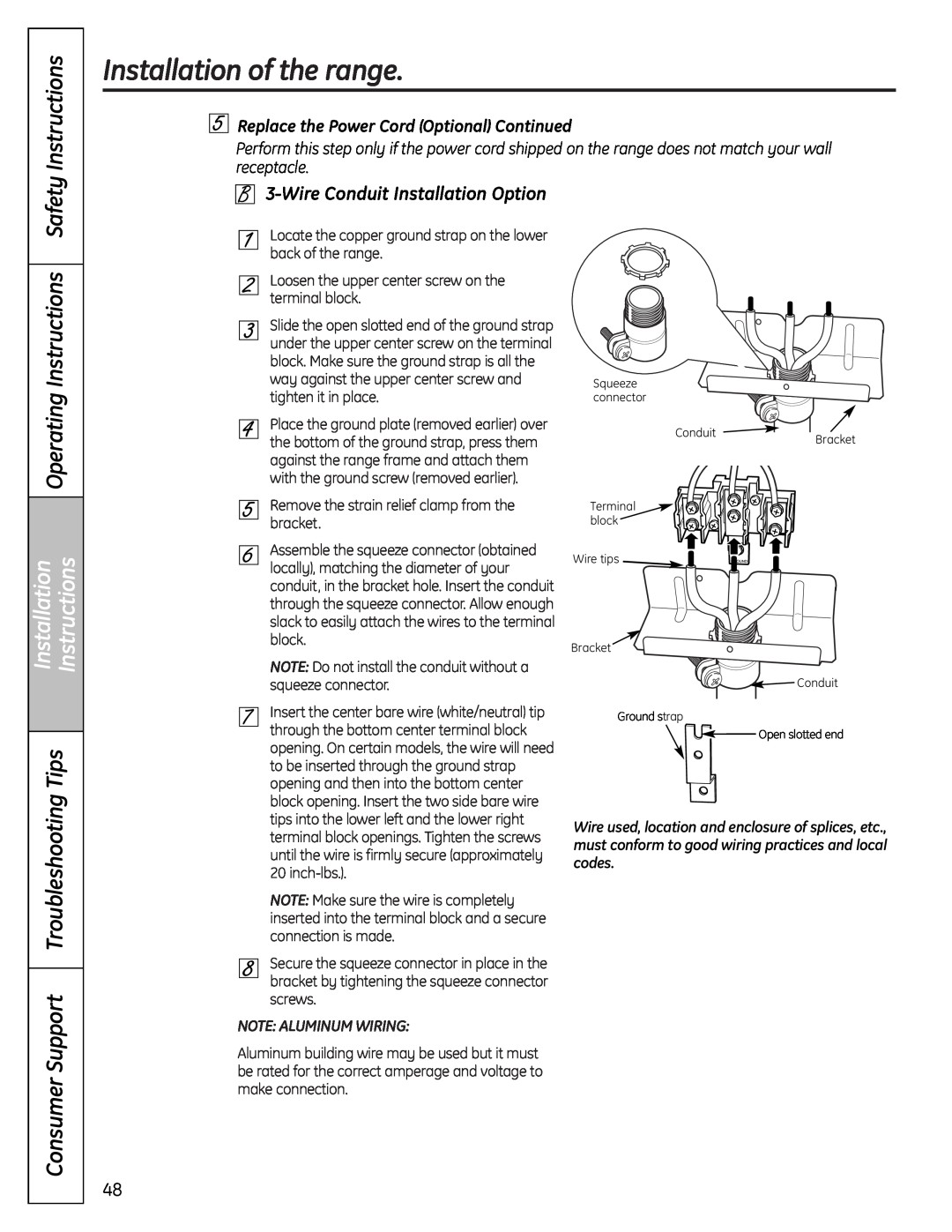 GE P2B918 Wire Conduit Installation Option, Installation of the range, Operating Instructions Safety 