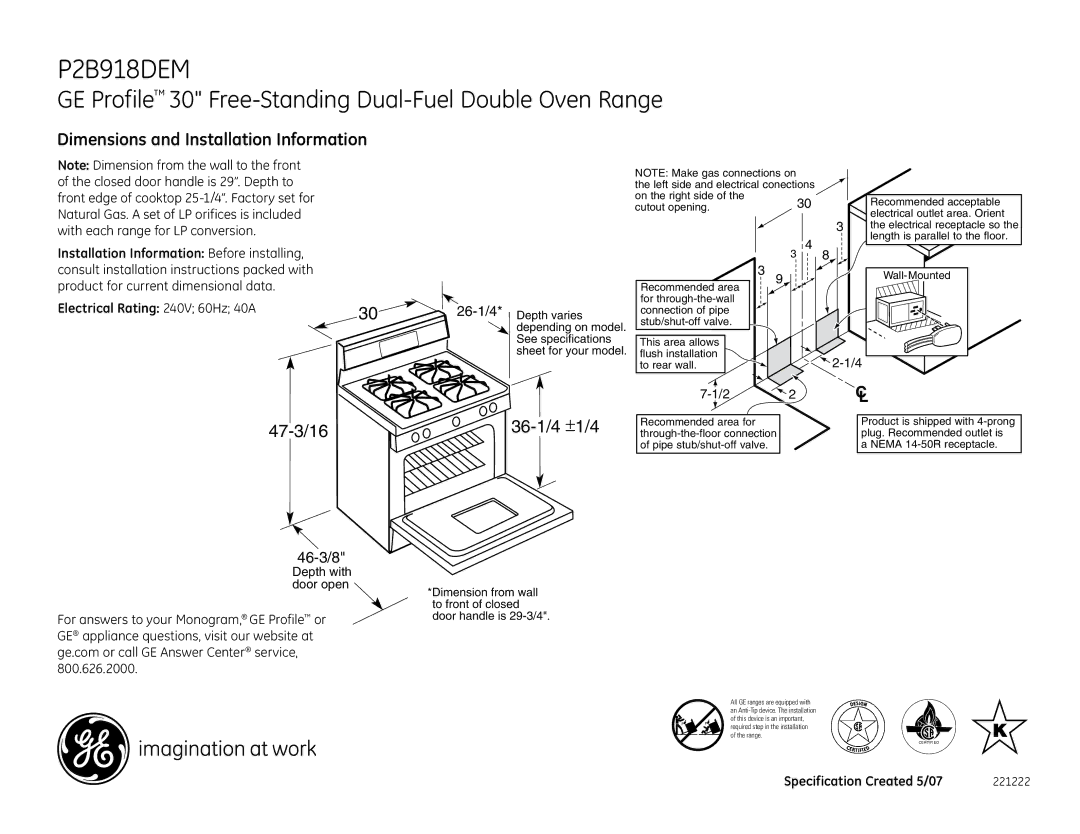 GE P2B918DEMWW dimensions GE Profile 30 Free-Standing Dual-Fuel Double Oven Range, Dimensions and Installation Information 