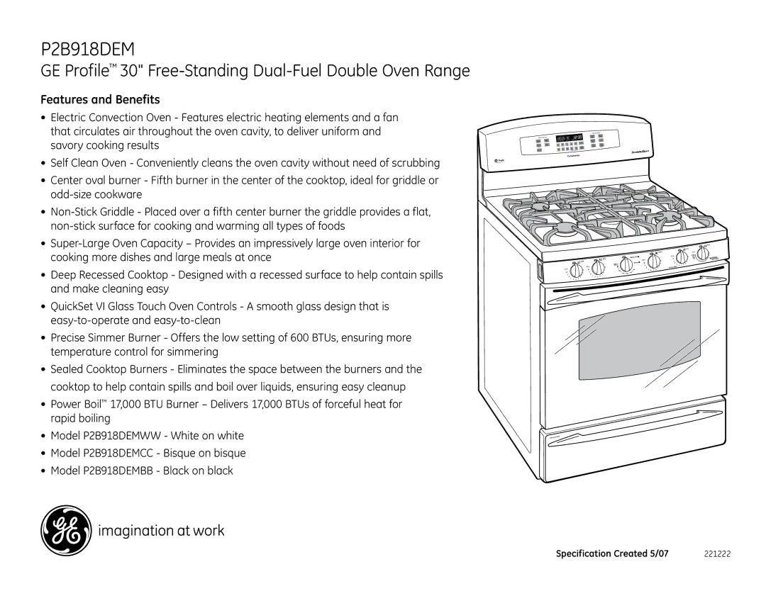 GE P2B918DEMWW dimensions Features and Benefits, Double Ovenvenven, DoubDouble, Lower Oven 