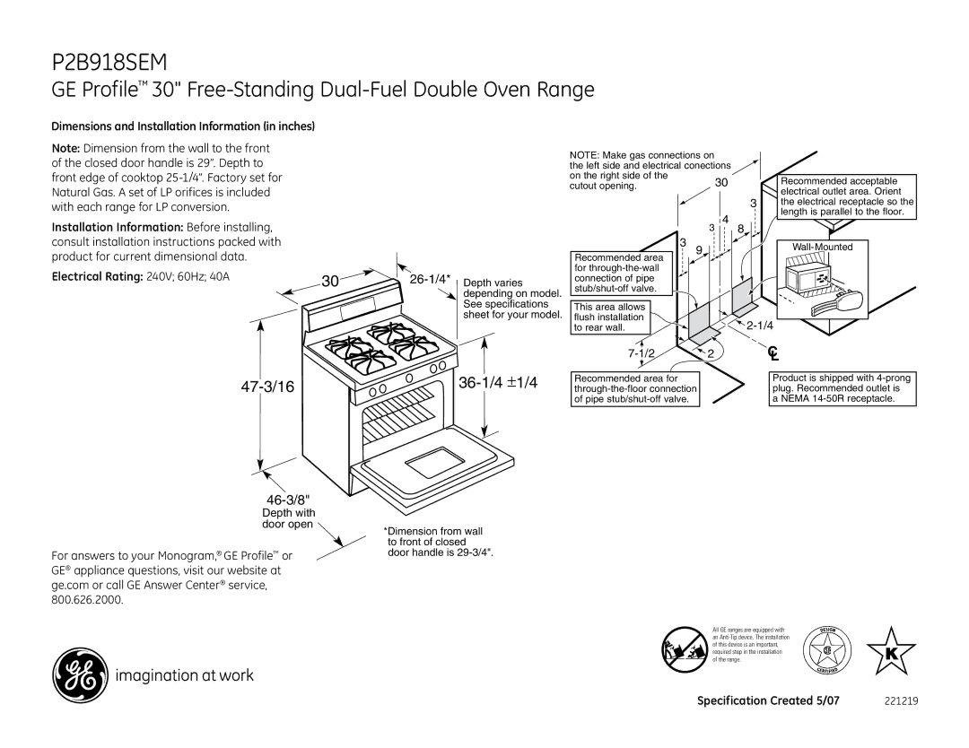 GE P2B918SEMSS dimensions GE Profile 30 Free-Standing Dual-Fuel Double Oven Range, 47-3/16, 36-1/4 ±1/4 