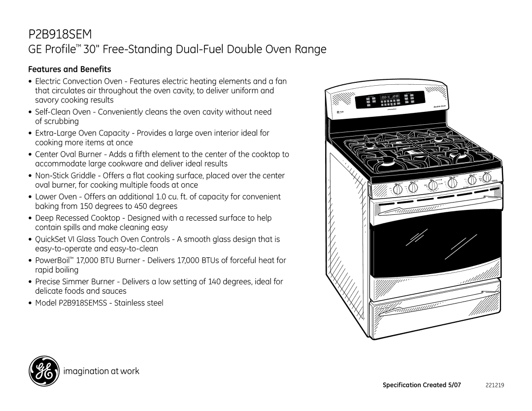 GE P2B918SEMSS dimensions Features and Benefits, Oven, Double, Convection 