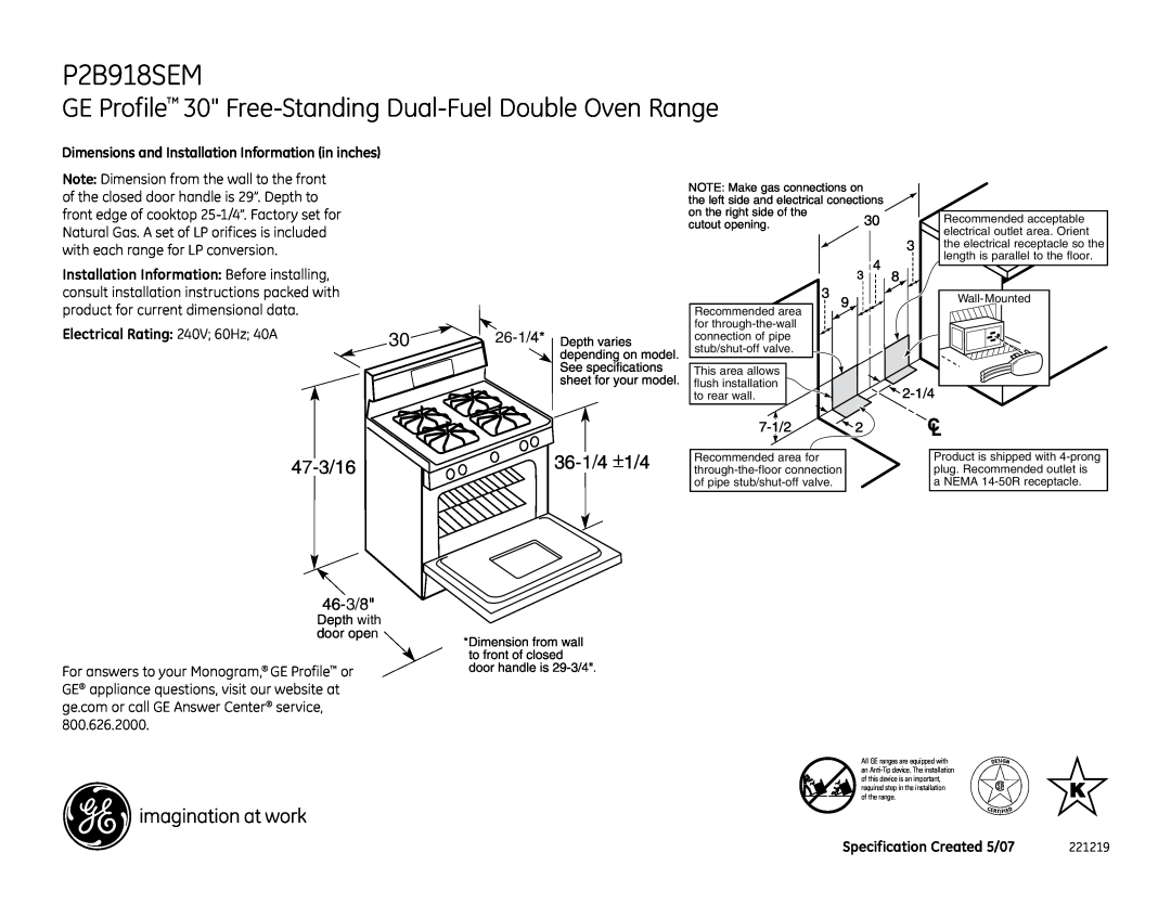 GE P2B918SEMSS dimensions 46-3/8, Dimensions and Installation Information in inches, with each range for LP conversion 