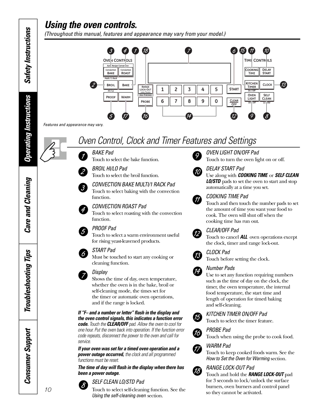 GE P2S975 Using the oven controls, Consumer Support Troubleshooting Tips Care and Cleaning, Self Clean LO/STD Pad 