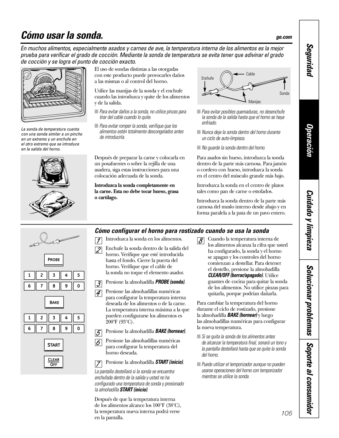 GE P2S975 owner manual Cómo usar la sonda, Cuidado y, Limpieza Solucionar problemas Soporte al consumidor 