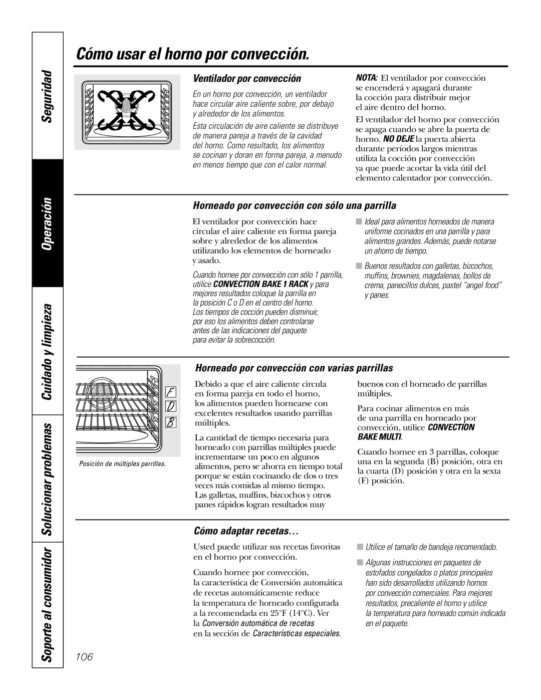 GE P2S975 Cómo usar el horno por convección, Soporte al consumidor, Ventilador por convección, Cómo adaptar recetas… 