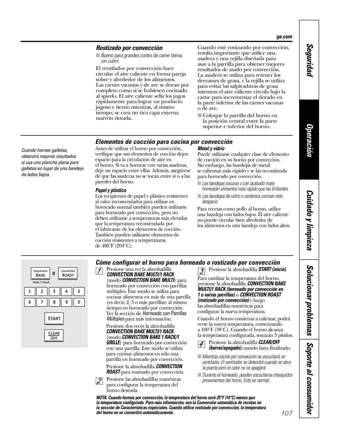 GE P2S975 owner manual Cuidado y limpieza, Rostizado por convección, Elementos de cocción para cocina por convección, 107 