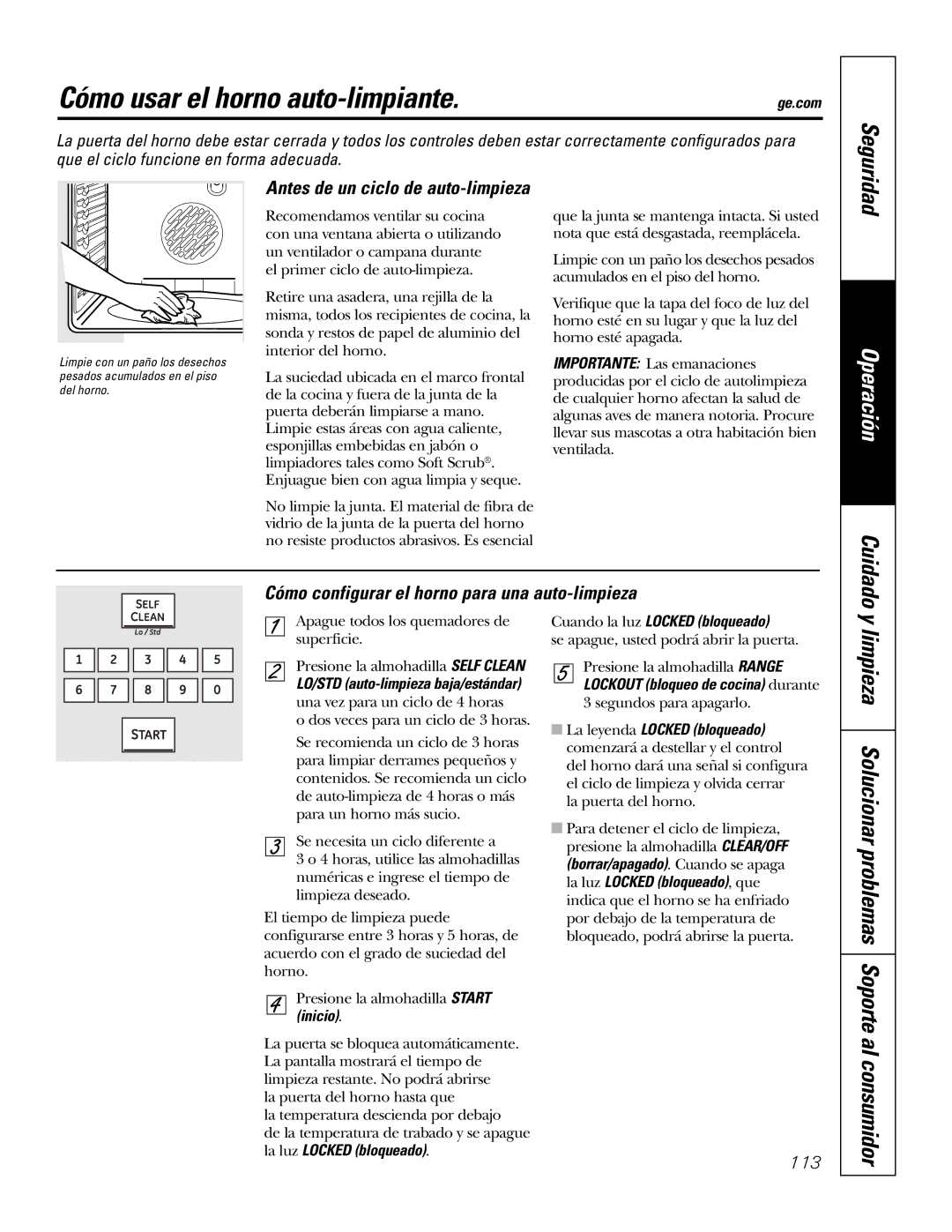 GE P2S975 owner manual Cómo usar el horno auto-limpiante, Limpieza Solucionar problemas Soporte al consumidor, Seguridad 