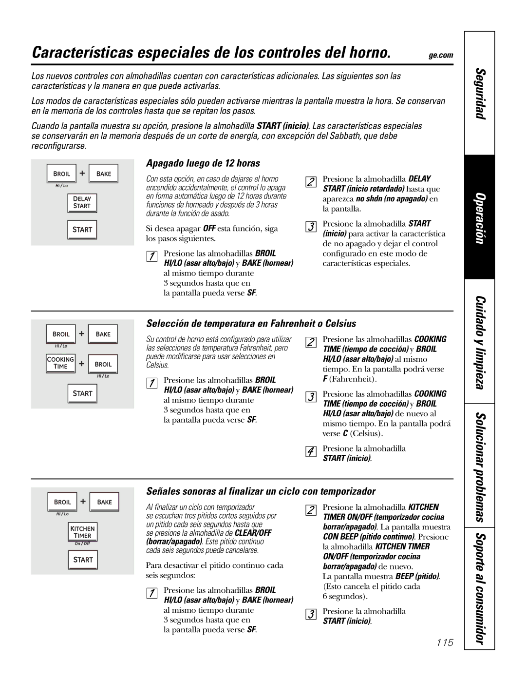 GE P2S975 owner manual Apagado luego de 12 horas, Selección de temperatura en Fahrenheit o Celsius 