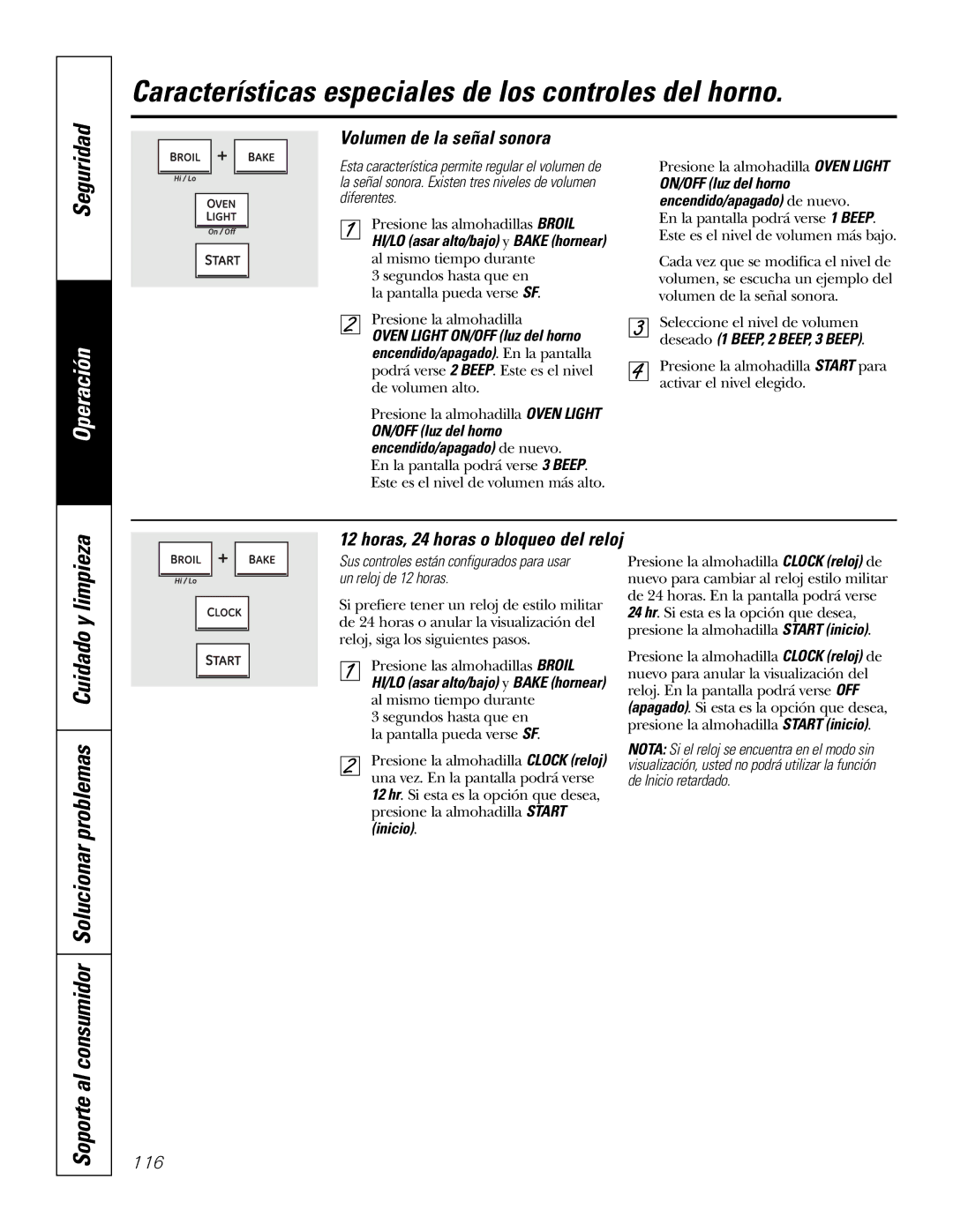 GE P2S975 Características especiales de los controles del horno, Volumen de la señal sonora, Un reloj de 12 horas 