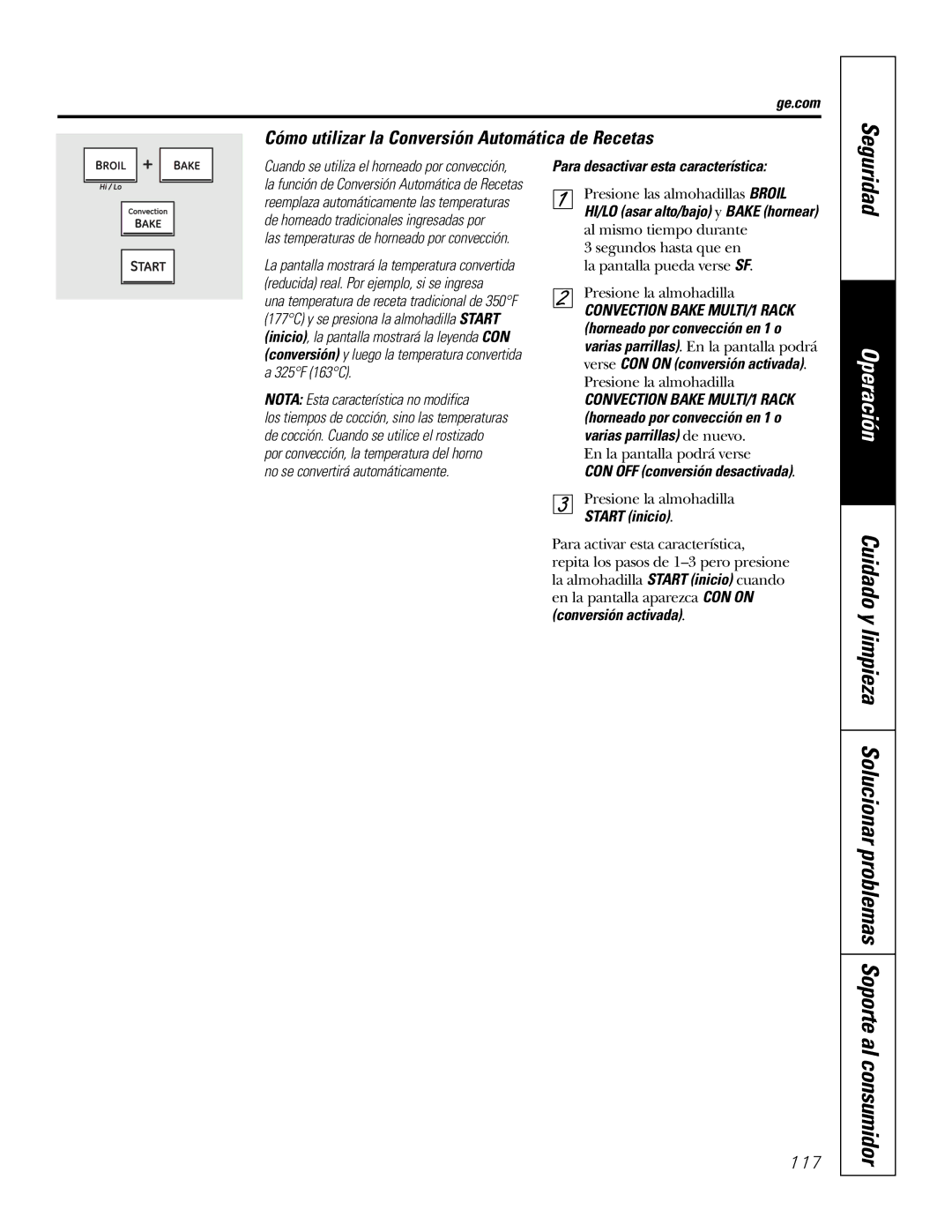 GE P2S975 Cómo utilizar la Conversión Automática de Recetas, Para desactivar esta característica, Conversión activada 