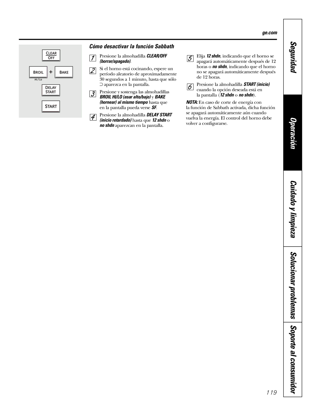 GE P2S975 owner manual Cómo desactivar la función Sabbath, Borrar/apagado 