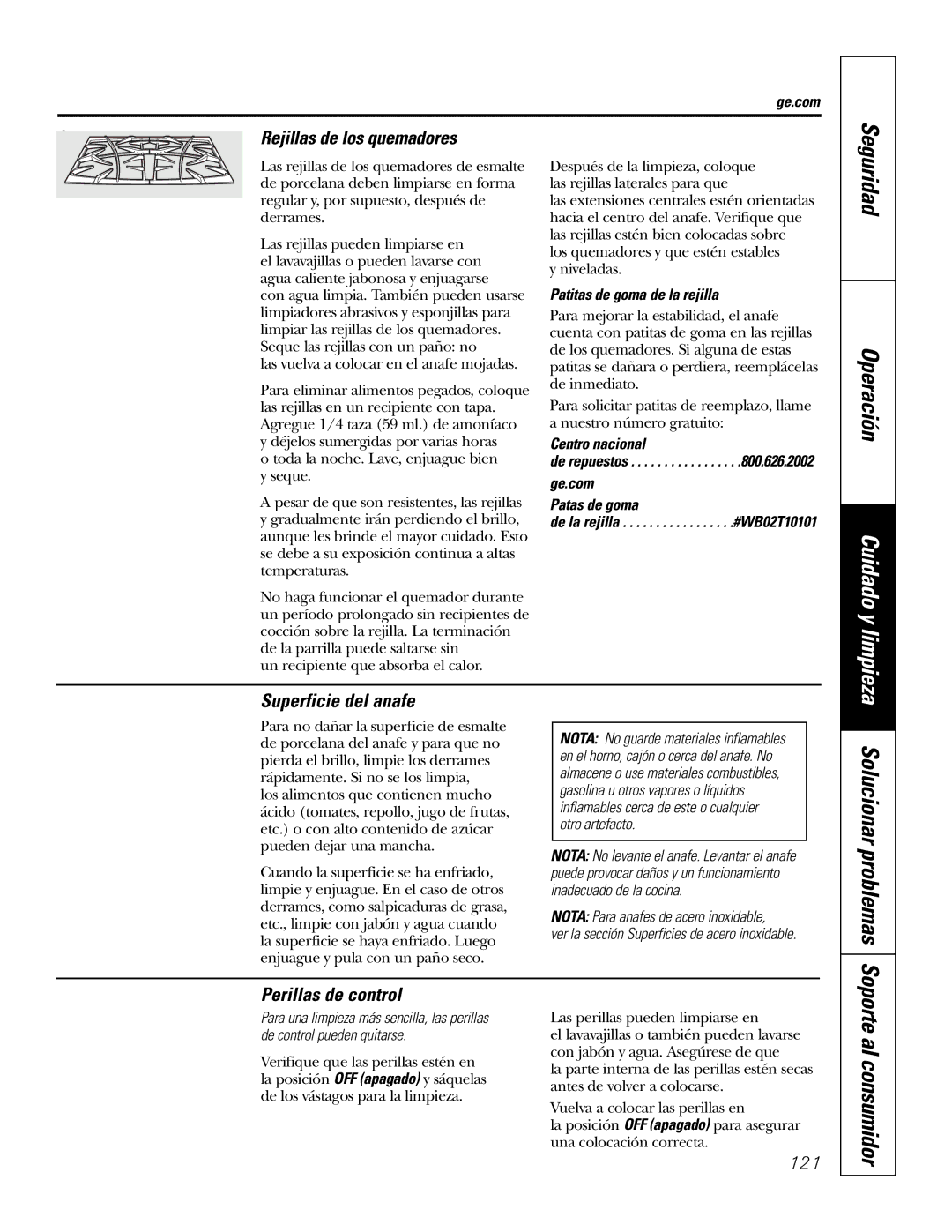 GE P2S975 owner manual Solucionar problemas, Soporte al consumidor, Rejillas de los quemadores, Superficie del anafe 