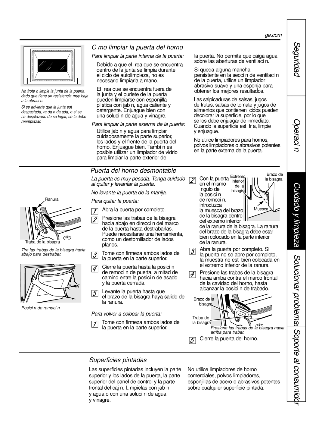 GE P2S975 Cuidado y limpieza Solucionar problemas, Cómo limpiar la puerta del horno, Puerta del horno desmontable 