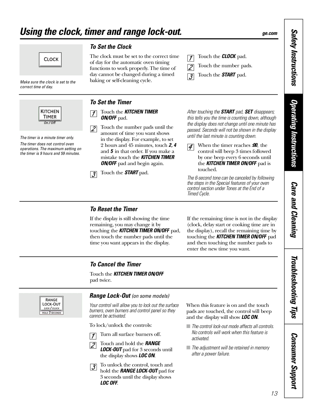 GE P2S975 owner manual Using the clock, timer and range lock-out, Instructions, Cleaning, Tips Consumer Support 