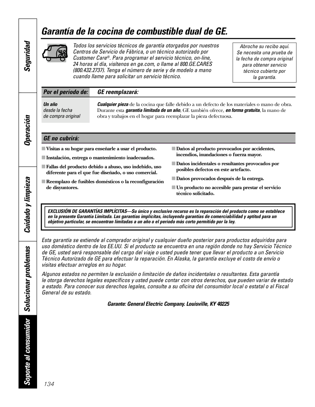 GE P2S975 owner manual Garantía de la cocina de combustible dual de GE, GE reemplazará, GE no cubrirá, Un año 