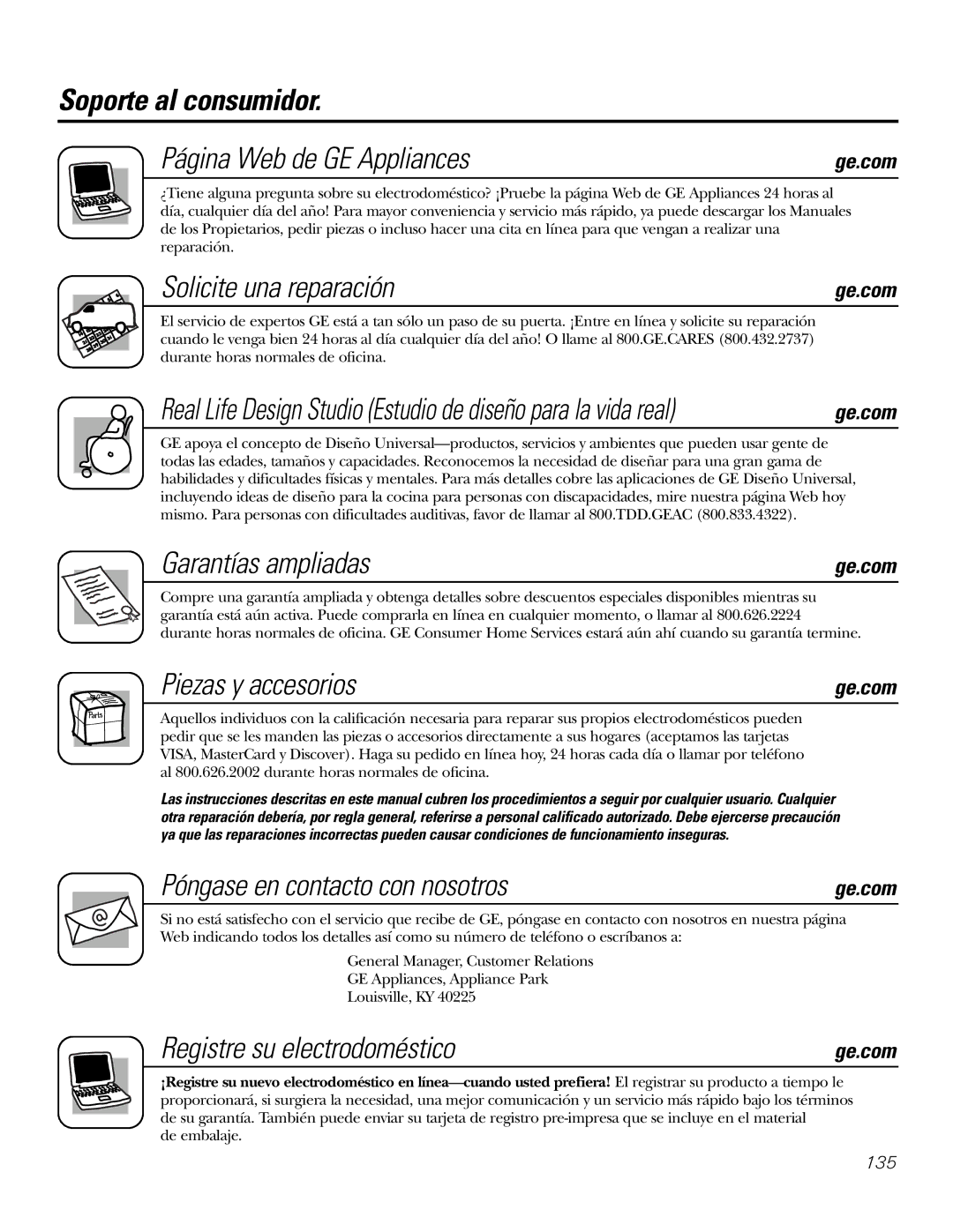 GE P2S975 owner manual Soporte al consumidor Página Web de GE Appliances, Solicite una reparación, Garantías ampliadas 